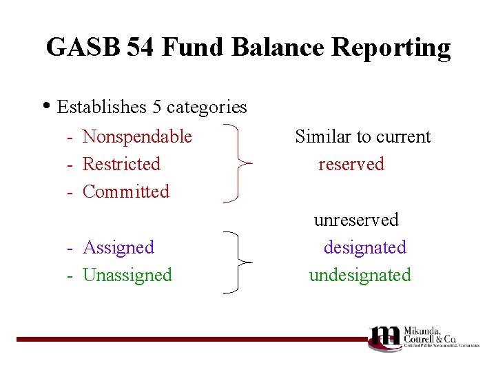 GASB 54 Fund Balance Reporting • Establishes 5 categories - Nonspendable - Restricted -