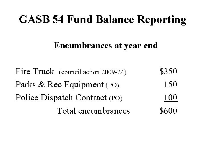 GASB 54 Fund Balance Reporting Encumbrances at year end Fire Truck (council action 2009