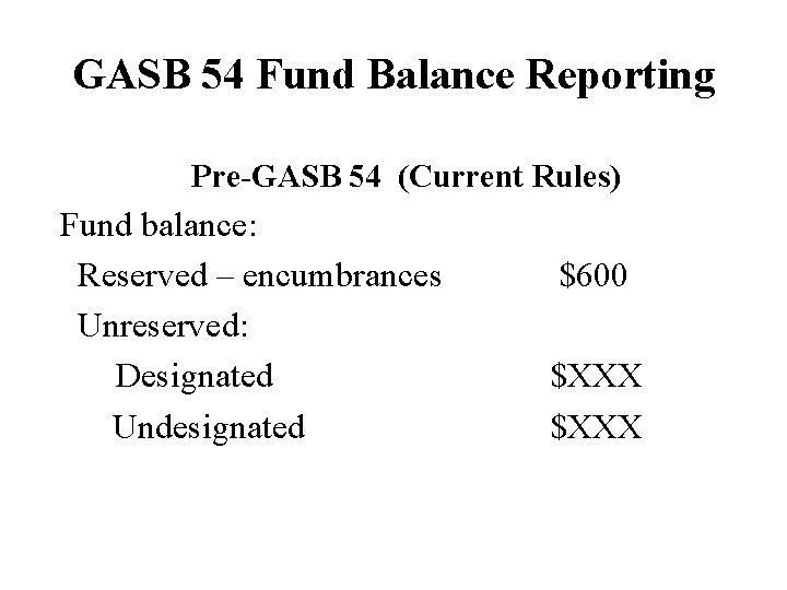 GASB 54 Fund Balance Reporting Pre-GASB 54 (Current Rules) Fund balance: Reserved – encumbrances