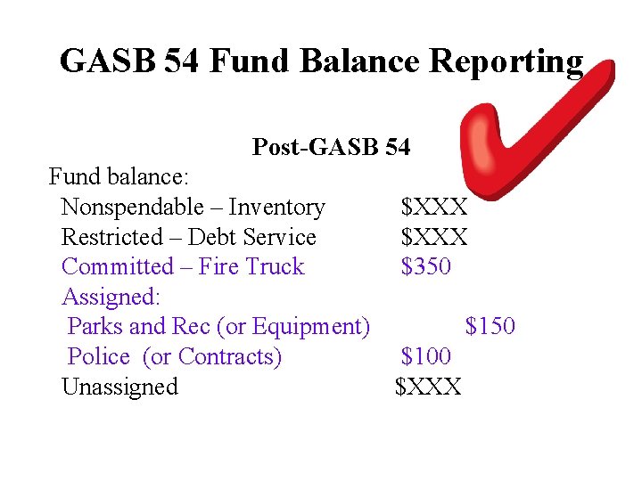 GASB 54 Fund Balance Reporting Post-GASB 54 Fund balance: Nonspendable – Inventory Restricted –