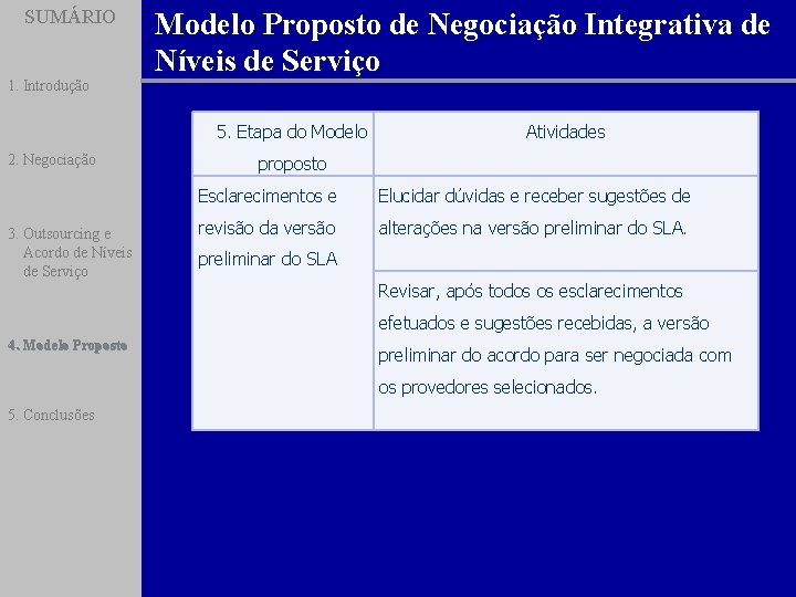 SUMÁRIO 1. Introdução Modelo Proposto de Negociação Integrativa de Níveis de Serviço 5. Etapa