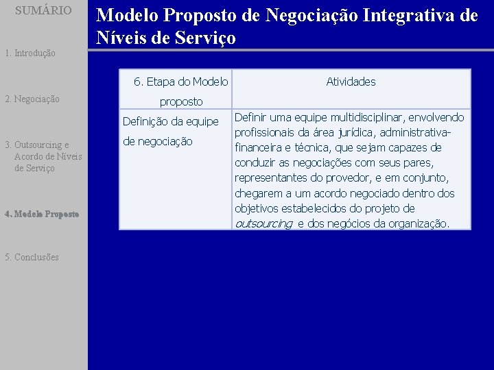 SUMÁRIO 1. Introdução Modelo Proposto de Negociação Integrativa de Níveis de Serviço 6. Etapa