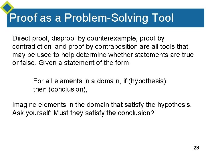 Proof as a Problem-Solving Tool Direct proof, disproof by counterexample, proof by contradiction, and