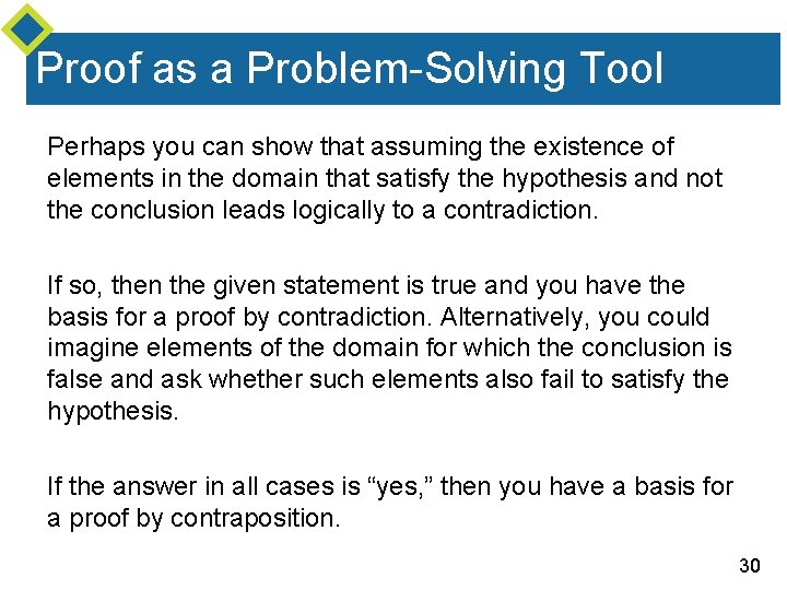 Proof as a Problem-Solving Tool Perhaps you can show that assuming the existence of