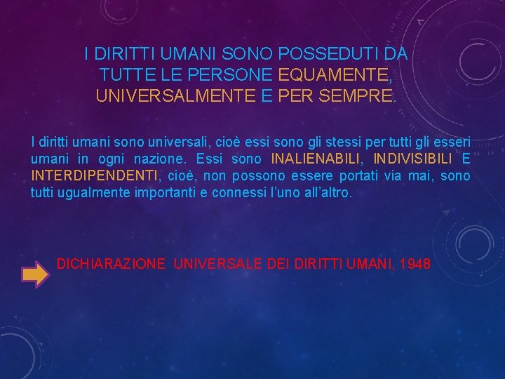 I DIRITTI UMANI SONO POSSEDUTI DA TUTTE LE PERSONE EQUAMENTE, UNIVERSALMENTE E PER SEMPRE.