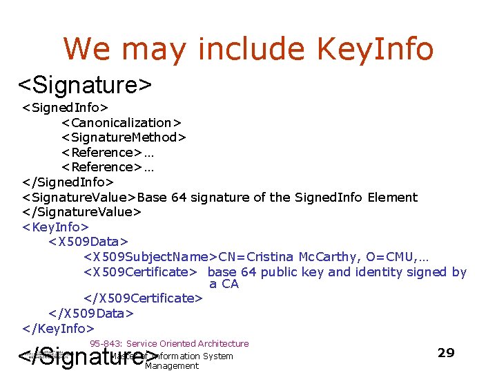 We may include Key. Info <Signature> <Signed. Info> <Canonicalization> <Signature. Method> <Reference>… </Signed. Info>