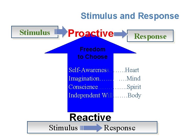 Stimulus and Response Stimulus Proactive Response Freedom to Choose Self-Awareness……. . Heart Imagination…………. Mind