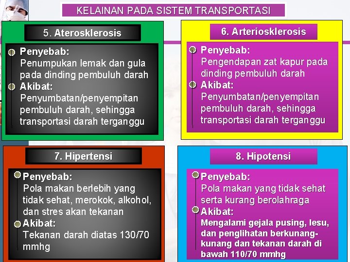 KELAINAN PADA SISTEM TRANSPORTASI 5. Aterosklerosis 6. Arteriosklerosis Penyebab: Penumpukan lemak dan gula pada