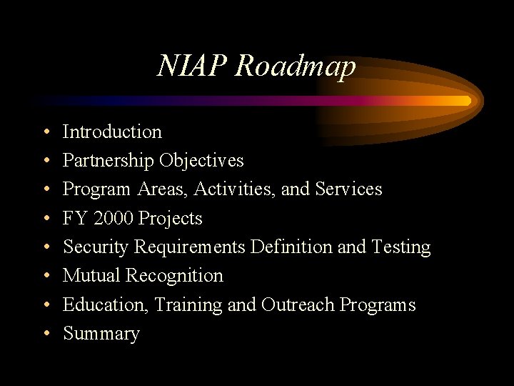 NIAP Roadmap • • Introduction Partnership Objectives Program Areas, Activities, and Services FY 2000