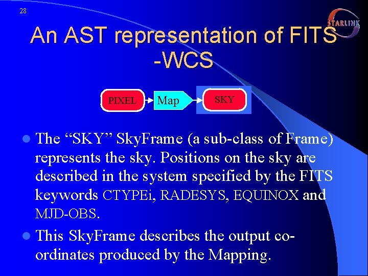 28 An AST representation of FITS -WCS PIXEL l The Map SKY “SKY” Sky.