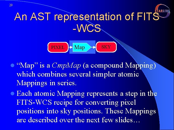 29 An AST representation of FITS -WCS PIXEL l “Map” Map SKY is a