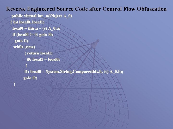 Reverse Engineered Source Code after Control Flow Obfuscation public virtual int _a(Object A_0) {