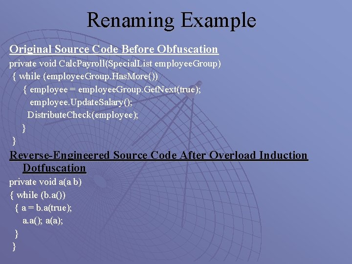 Renaming Example Original Source Code Before Obfuscation private void Calc. Payroll(Special. List employee. Group)