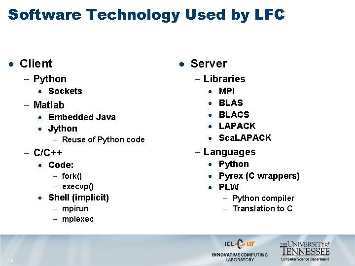 Software Technology Used by LFC · Client · Server - Python · Sockets -