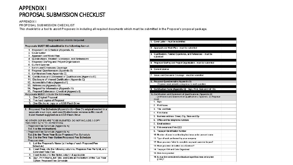 APPENDIX I PROPOSAL SUBMISSION CHECKLIST This checklist is a tool to assist Proposers in