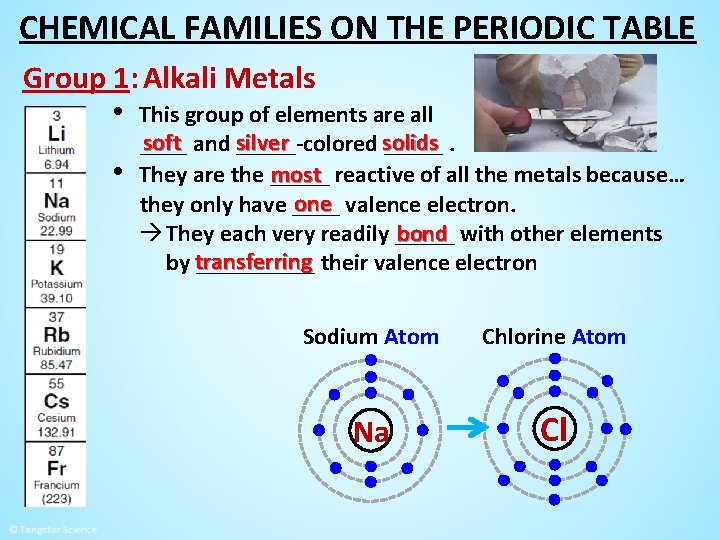 CHEMICAL FAMILIES ON THE PERIODIC TABLE Group 1: Alkali Metals • This group of