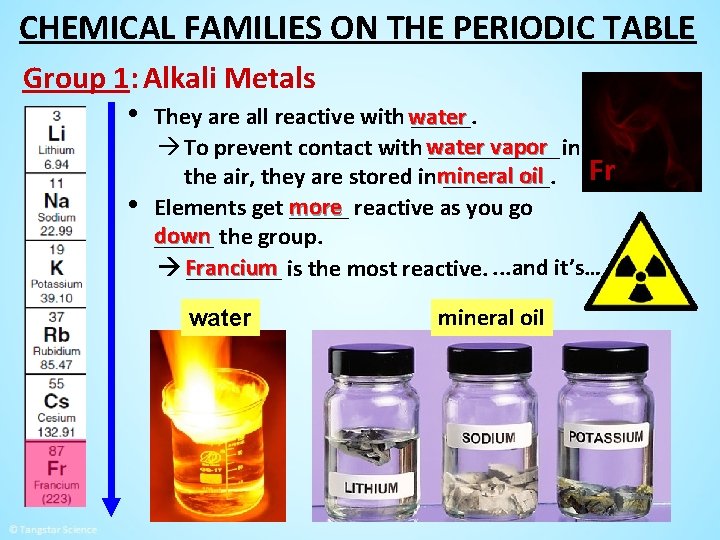 CHEMICAL FAMILIES ON THE PERIODIC TABLE Group 1: Alkali Metals • They are all