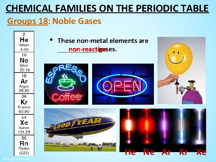 CHEMICAL FAMILIES ON THE PERIODIC TABLE Groups 18: Noble Gases • These non-metal elements