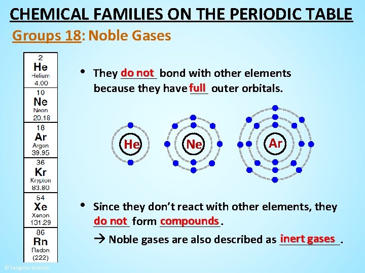 CHEMICAL FAMILIES ON THE PERIODIC TABLE Groups 18: Noble Gases • do not bond