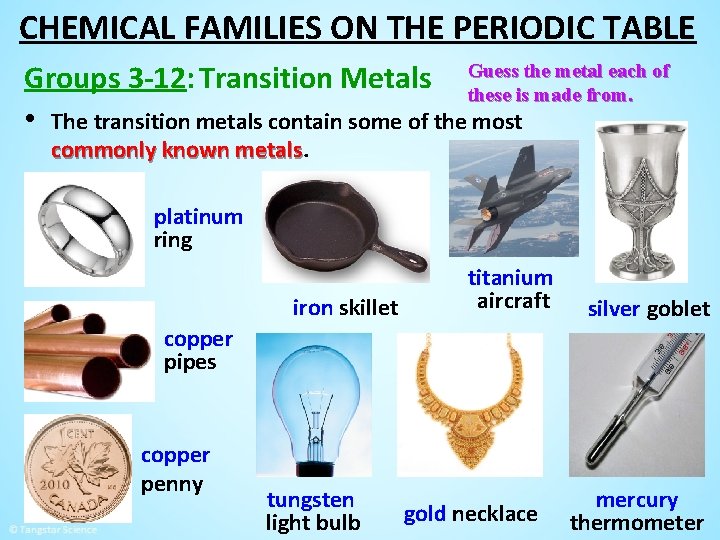 CHEMICAL FAMILIES ON THE PERIODIC TABLE the metal each of Groups 3 -12: Transition
