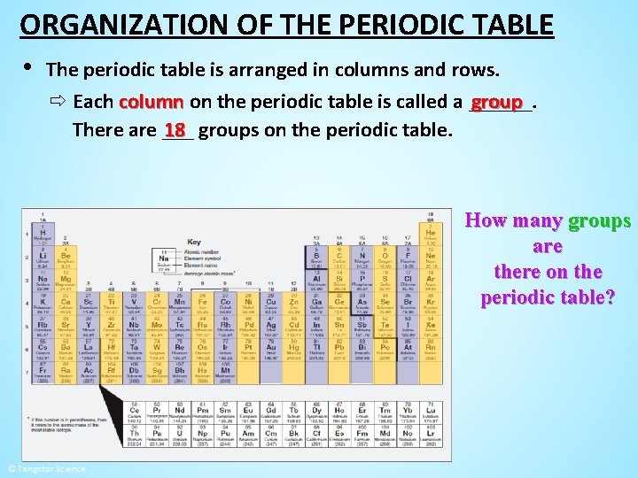 ORGANIZATION OF THE PERIODIC TABLE • The periodic table is arranged in columns and
