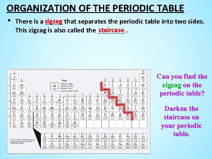 ORGANIZATION OF THE PERIODIC TABLE • There is a zigzag _____ that separates the