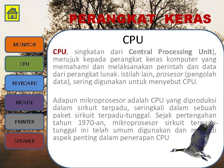 PERANGKAT KERAS MONITOR CPU KEYBOARD MOUSE PRINTER SPEAKER CPU, singkatan dari Central Processing Unit),