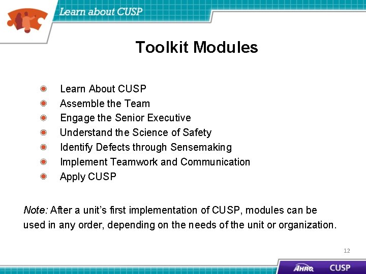 Toolkit Modules Learn About CUSP Assemble the Team Engage the Senior Executive Understand the