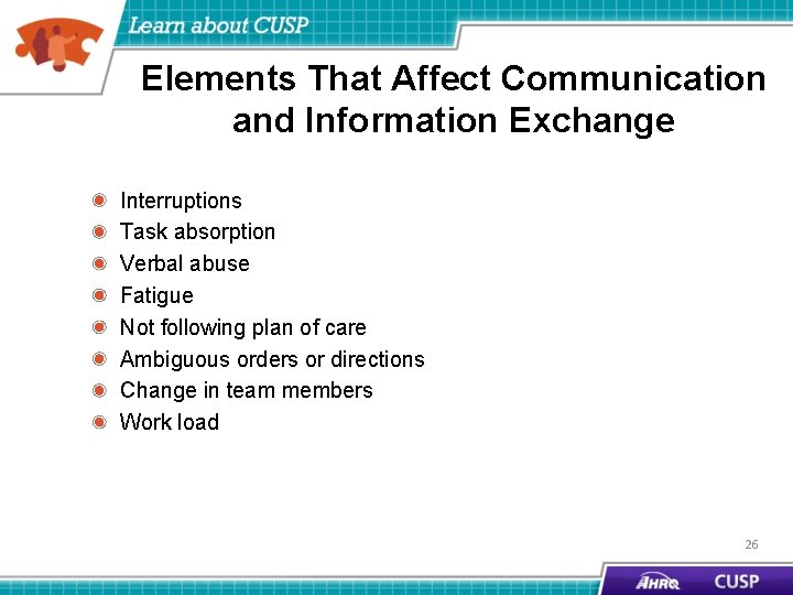 Elements That Affect Communication and Information Exchange Interruptions Task absorption Verbal abuse Fatigue Not