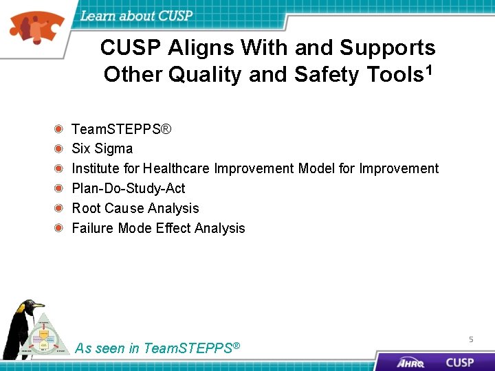 CUSP Aligns With and Supports Other Quality and Safety Tools 1 Team. STEPPS® Six