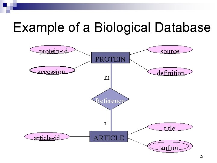 Example of a Biological Database source protein-id PROTEIN accession m definition Reference n article-id