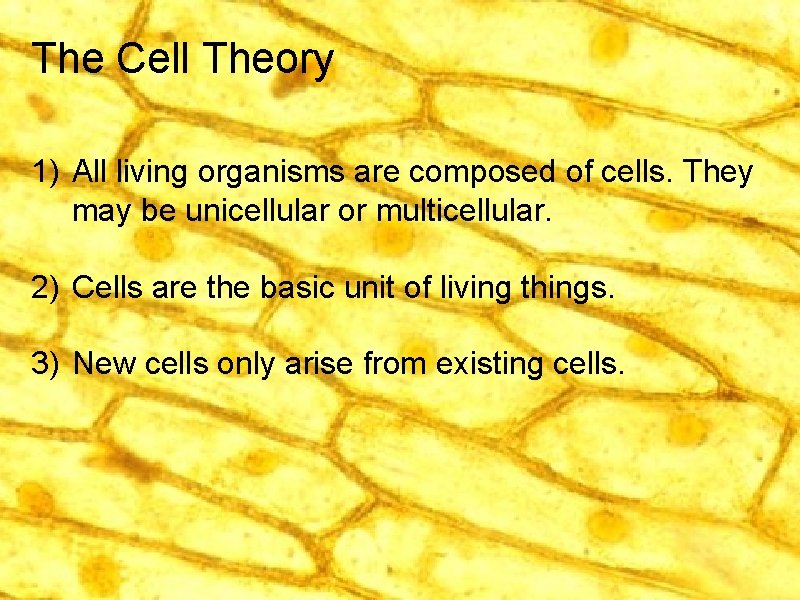 The Cell Theory 1) All living organisms are composed of cells. They may be