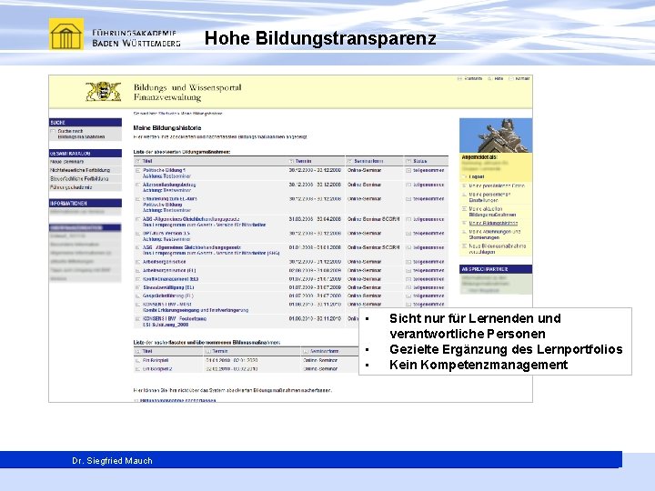 Hohe Bildungstransparenz • • • Dr. Siegfried Mauch. E. Berg Generalsekretär Thomas Sicht nur
