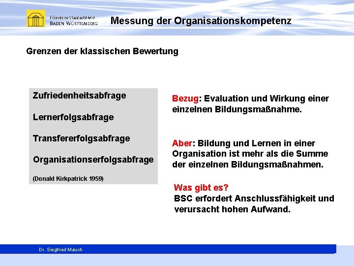 Messung der Organisationskompetenz Grenzen der klassischen Bewertung Zufriedenheitsabfrage Lernerfolgsabfrage Transfererfolgsabfrage Organisationserfolgsabfrage Bezug: Evaluation und