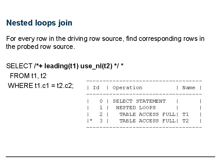 Nested loops join For every row in the driving row source, find corresponding rows