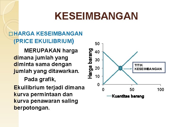 KESEIMBANGAN � HARGA KESEIMBANGAN (PRICE EKUILIBRIUM) Harga barang MERUPAKAN harga dimana jumlah yang diminta