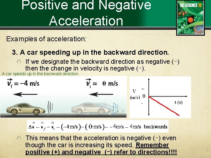 Positive and Negative Acceleration Examples of acceleration: 3. A car speeding up in the
