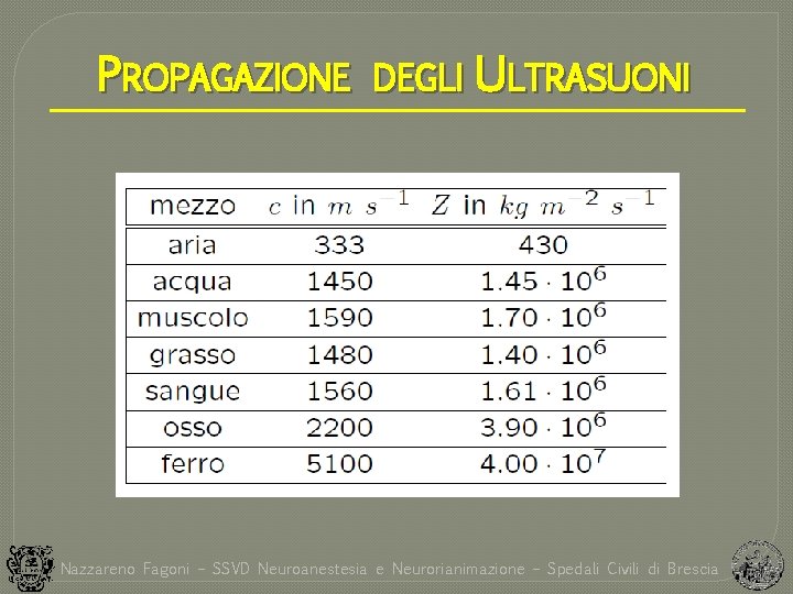 PROPAGAZIONE DEGLI ULTRASUONI Nazzareno Fagoni – SSVD Neuroanestesia e Neurorianimazione – Spedali Civili di