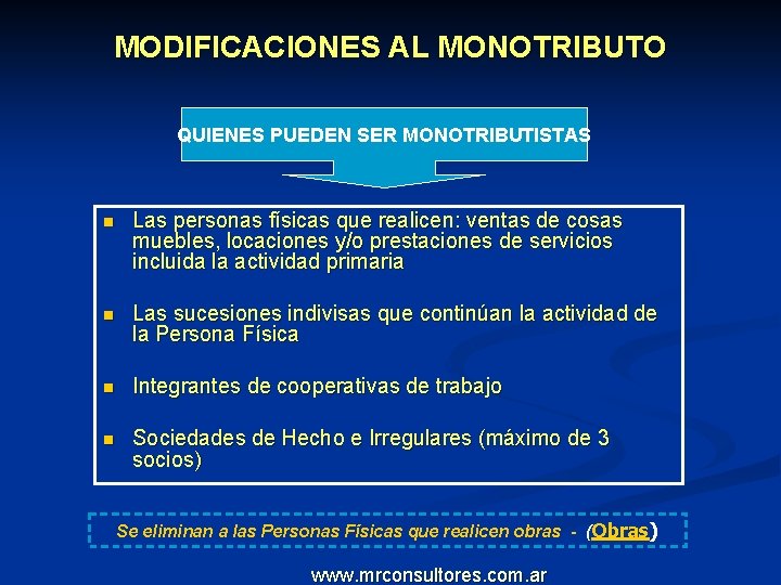 MODIFICACIONES AL MONOTRIBUTO QUIENES PUEDEN SER MONOTRIBUTISTAS n Las personas físicas que realicen: ventas