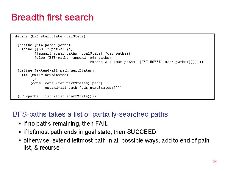 Breadth first search (define (BFS start. State goal. State) (define (BFS-paths) (cond ((null? paths)