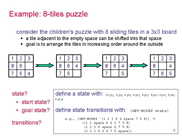 Example: 8 -tiles puzzle consider the children's puzzle with 8 sliding tiles in a