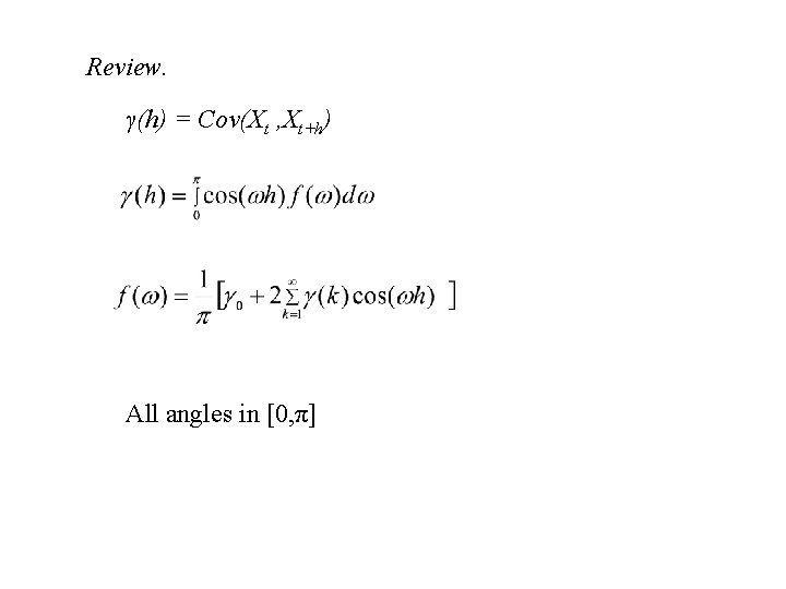 Review. γ(h) = Cov(Xt , Xt+h) All angles in [0, π] 