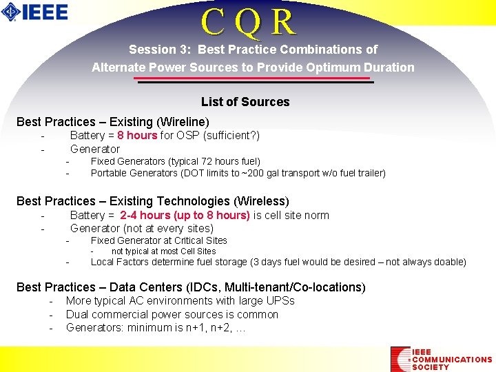 CQR Session 3: Best Practice Combinations of Alternate Power Sources to Provide Optimum Duration