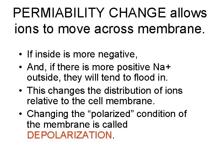 PERMIABILITY CHANGE allows ions to move across membrane. • If inside is more negative,
