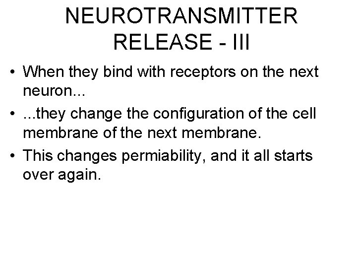 NEUROTRANSMITTER RELEASE - III • When they bind with receptors on the next neuron.