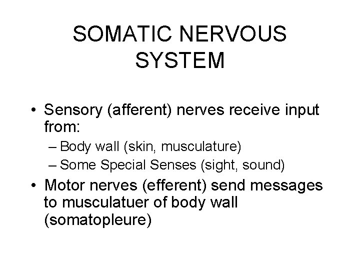 SOMATIC NERVOUS SYSTEM • Sensory (afferent) nerves receive input from: – Body wall (skin,