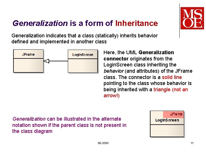 Generalization is a form of Inheritance Generalization indicates that a class (statically) inherits behavior Generalization is a form of Inheritance Generalization indicates that a class (statically) inherits behavior