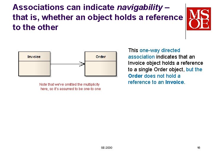 Associations can indicate navigability – that is, whether an object holds a reference to Associations can indicate navigability – that is, whether an object holds a reference to