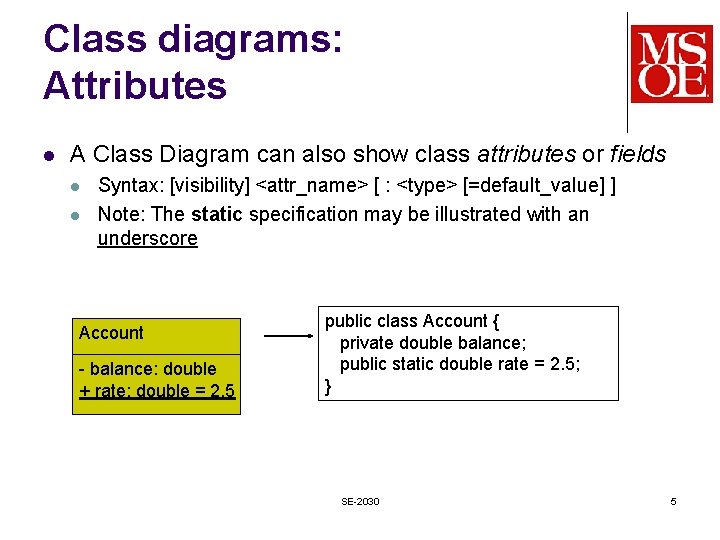 Class diagrams: Attributes l A Class Diagram can also show class attributes or fields