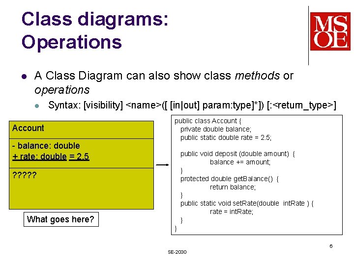 Class diagrams: Operations l A Class Diagram can also show class methods or operations Class diagrams: Operations l A Class Diagram can also show class methods or operations